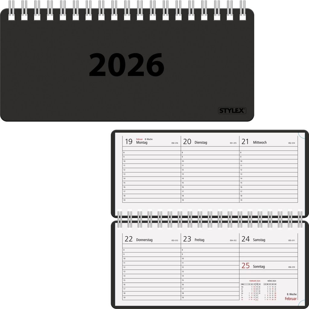 A black spiral-bound desk calendar for the year 2026 is shown open, displaying a weekly layout.