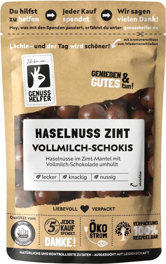 Haselnuss Zimt Vollmilch Schokis, Haselnüsse in Vollmilch-Schokolade mit einem Hauch Zimt, 200g