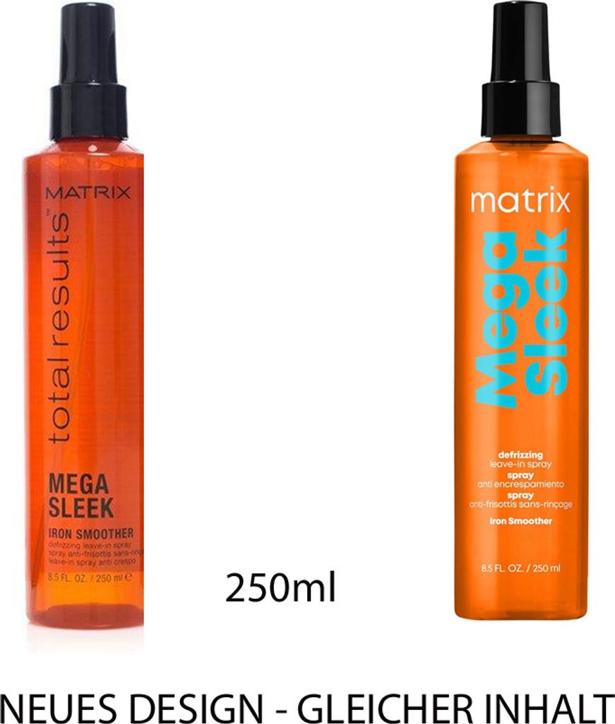 Two bottles of Matrix Total Results Mega Sleek Iron Smoother hair product are shown side-by-side against a white background, with text indicating a new design but the same content.