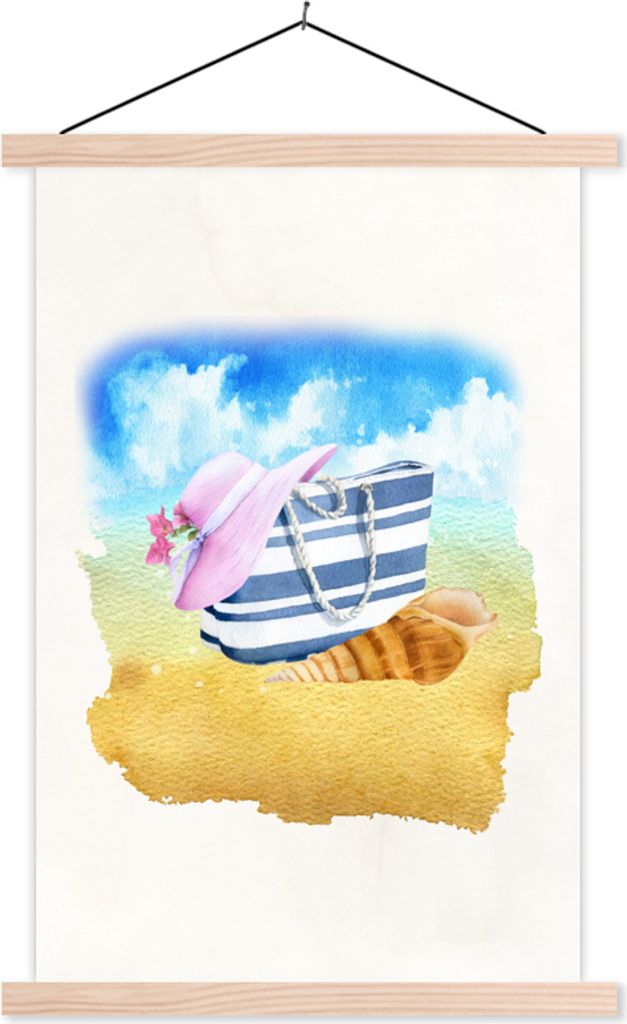 MuchoWow Textilposter Tasche - Hut - Muschel - Meer 40x60 cm mit holzfarbenen Rahmen - Poster