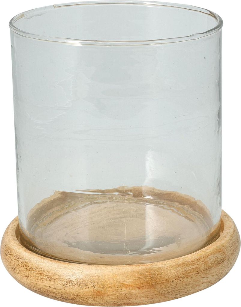 Kerzenhalter aus Mangoholz mit Glaskuppel 15 cm, Windlicht für 1 Kerze