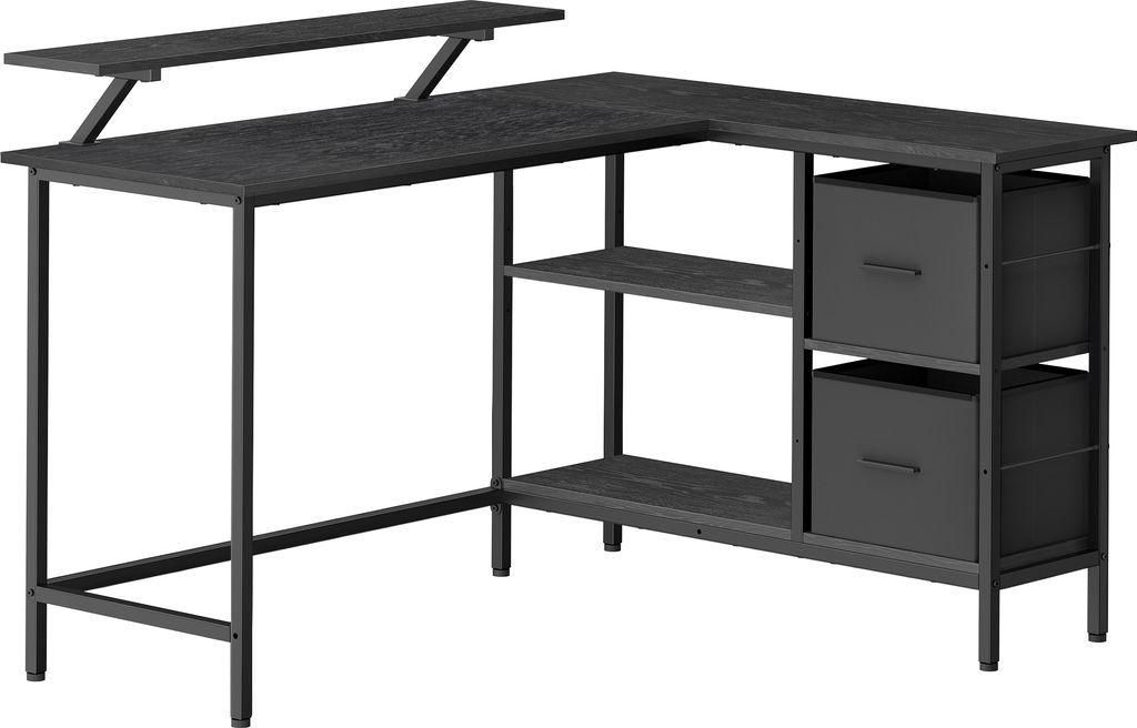 A black L-shaped desk with shelves and drawers, shown from a slightly elevated side angle against a white background.