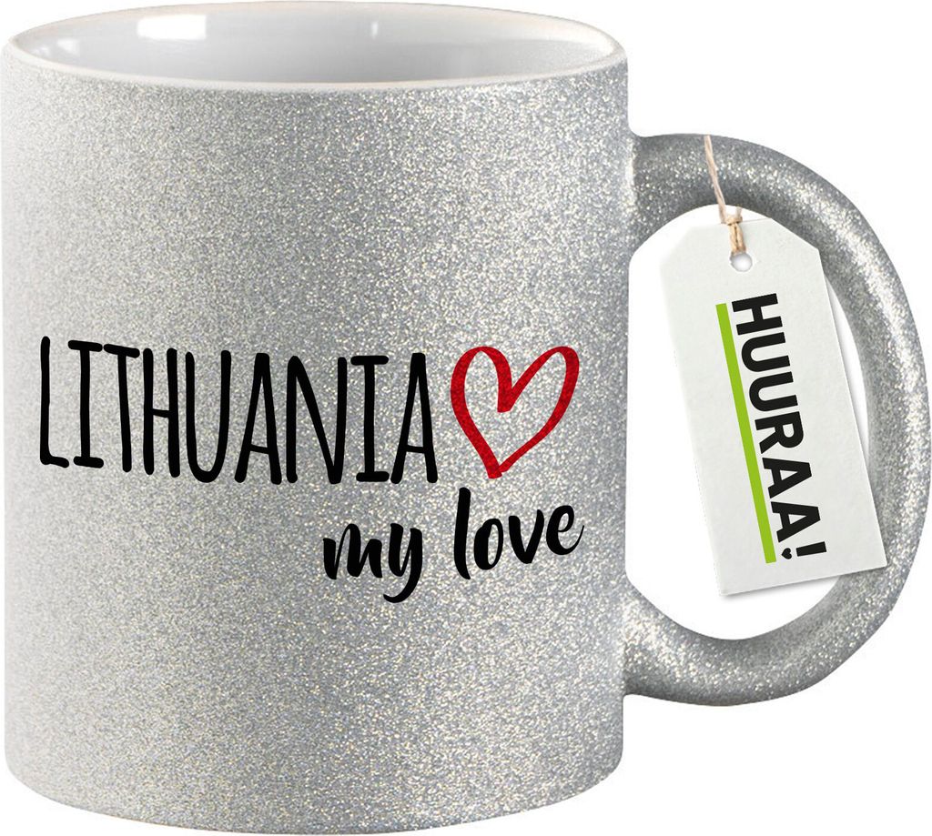 Huuraa Glitzertasse Lithuania my love 330ml Silber Keramik Kaffeebecher Geschenkidee