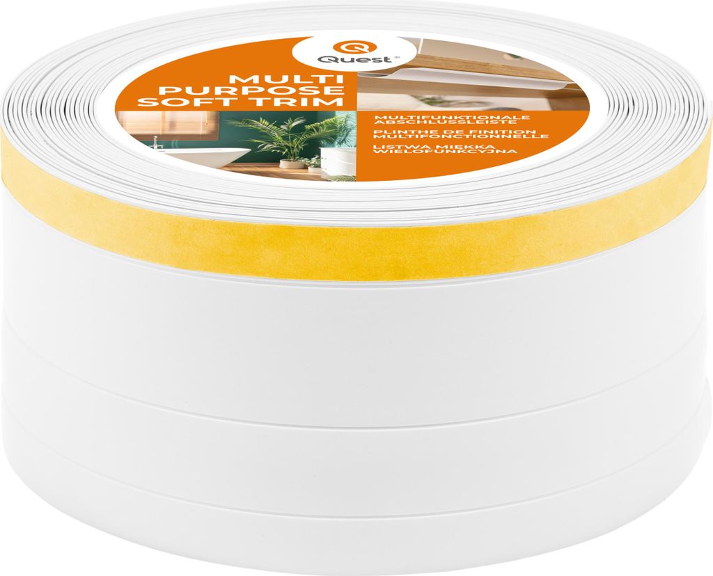 QUEST 4in1 Multifunktionsleiste, Weichsockelleiste Selbstklebend 1x120mm, 25m, Abschlussleiste Multifunktional, Flexibel, Dekorativ, UV-beständig,...