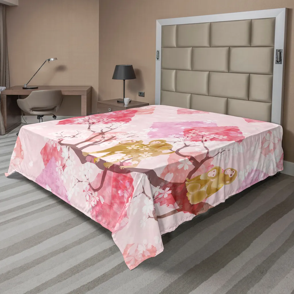 ABAKUHAUS Lenzuolo con fiori, famiglia di scimmie su rami di alberi con illustrazione sullo sfondo, lenzuolo morbido e confortevole per un letto decorativo 1 pezzo 266 cm x 260 cm, caffè chiaro rosa rosso - 1