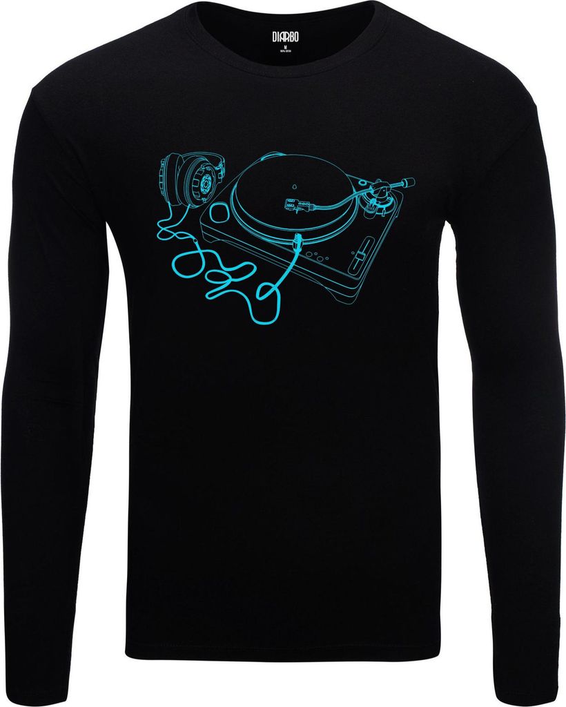 Herren Warm, Langarm-T-Shirt mit Druck Plattenspieler Schwarz Gr.S