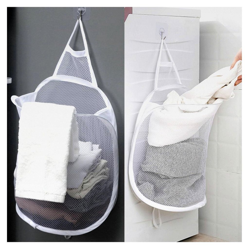 Hängender Wäschekorb, großer Pop-Up-Wäschekorb, weißer Netz-Wäschekorb, zusammenklappbarer Wäschekorb mit Griffen für Schlafzimmer und Bade...