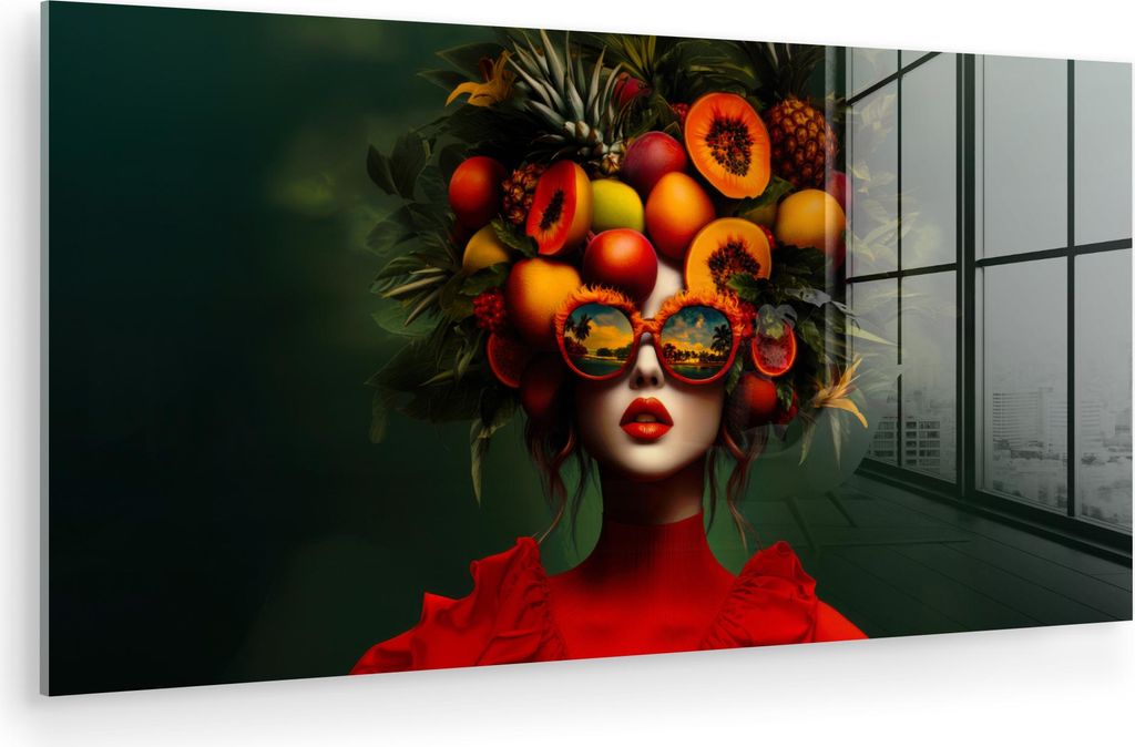 MuchoWow Glasbilder - Bilder auf Wandbild - Foto auf Glas Frau - Früchte - Papaya - Ananas 120x60 cm Wanddekoration aus Glas - Acrylglasbild - Acr...