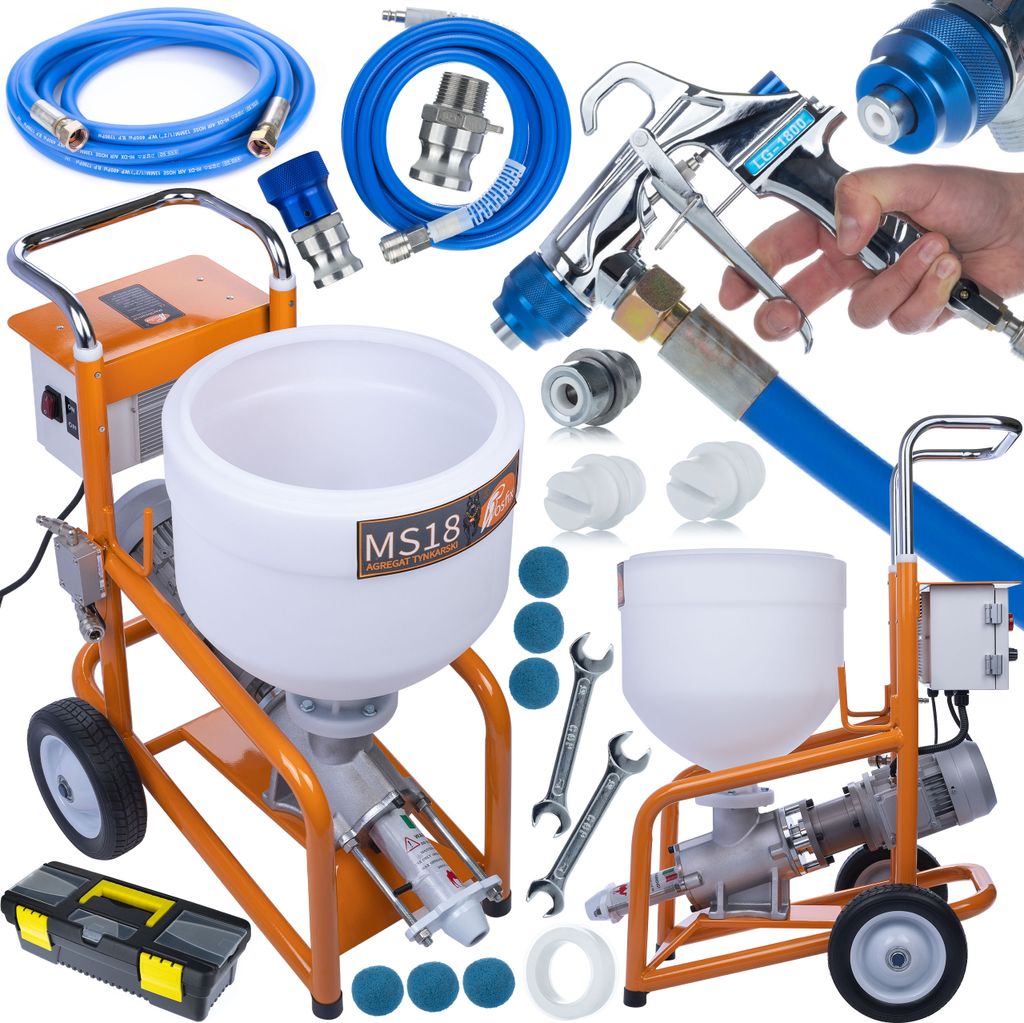 A collection of tools and equipment for a plastering machine, laid out against a white background.