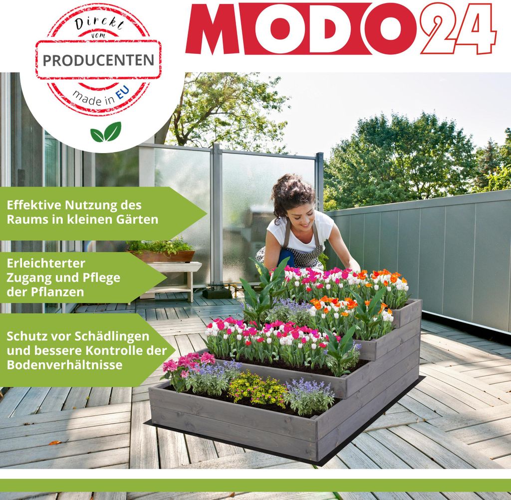 MODO24 Hochbeet Holz, Pflanzkasten, Massivholz, Kiefer, Kräuterbeet, Blumenkasten, Garten, Terrasse, 54x90x120 cm, Natur imprägniert, ZP07