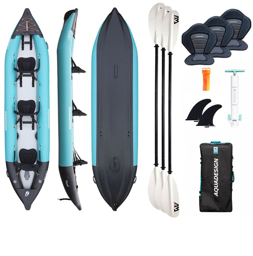 AQUADESIGN kajak aufblasbar | Inflatable 3 Personen Kayak Koloa 400 + 3 x KP-1 | 400x100x27 cm