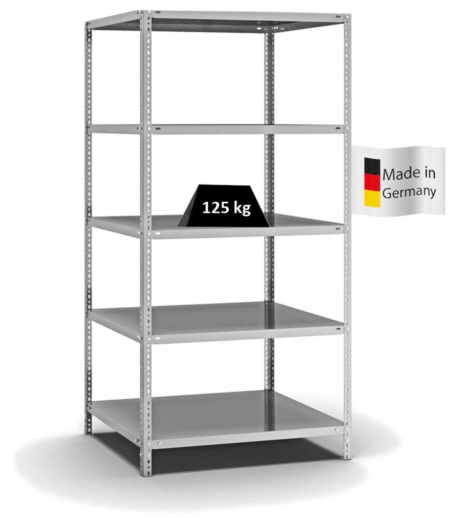 PROREGAL Fachbodenregal Schraubsystem MAGNUS Germany | HxBxT 200x100x80cm | 5 Ebenen | Fachlast 125 kg | Beidseitig nutzbar | Verzinkt