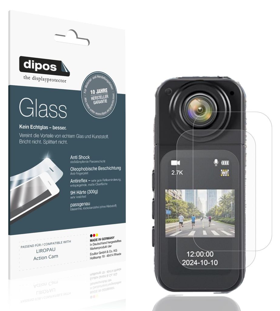 2x Schutzfolie für LIROPAU Action Cam matt - Anti-Shock 9H Folie dipos Glass Kunststoffglas