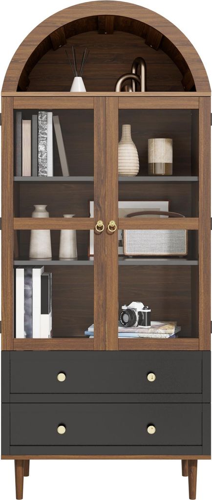 Sideboard Walnuss-Optik mit Gew?lbtem Geriffeltem Glas Moderner Retro-Aufbewahrungsschrank mit H?henverstellbaren Regalb?den Elegante Kommode mit G...