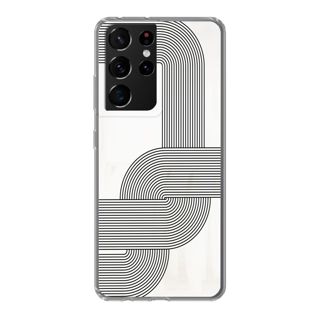 MuchoWow Handyhülle Schutzhülle Hülle für Samsung Galaxy S21 Ultra Kunst - Schwarz - Weiß - Linie Silikon Softcase Handy Hülle - Mobiltelefon