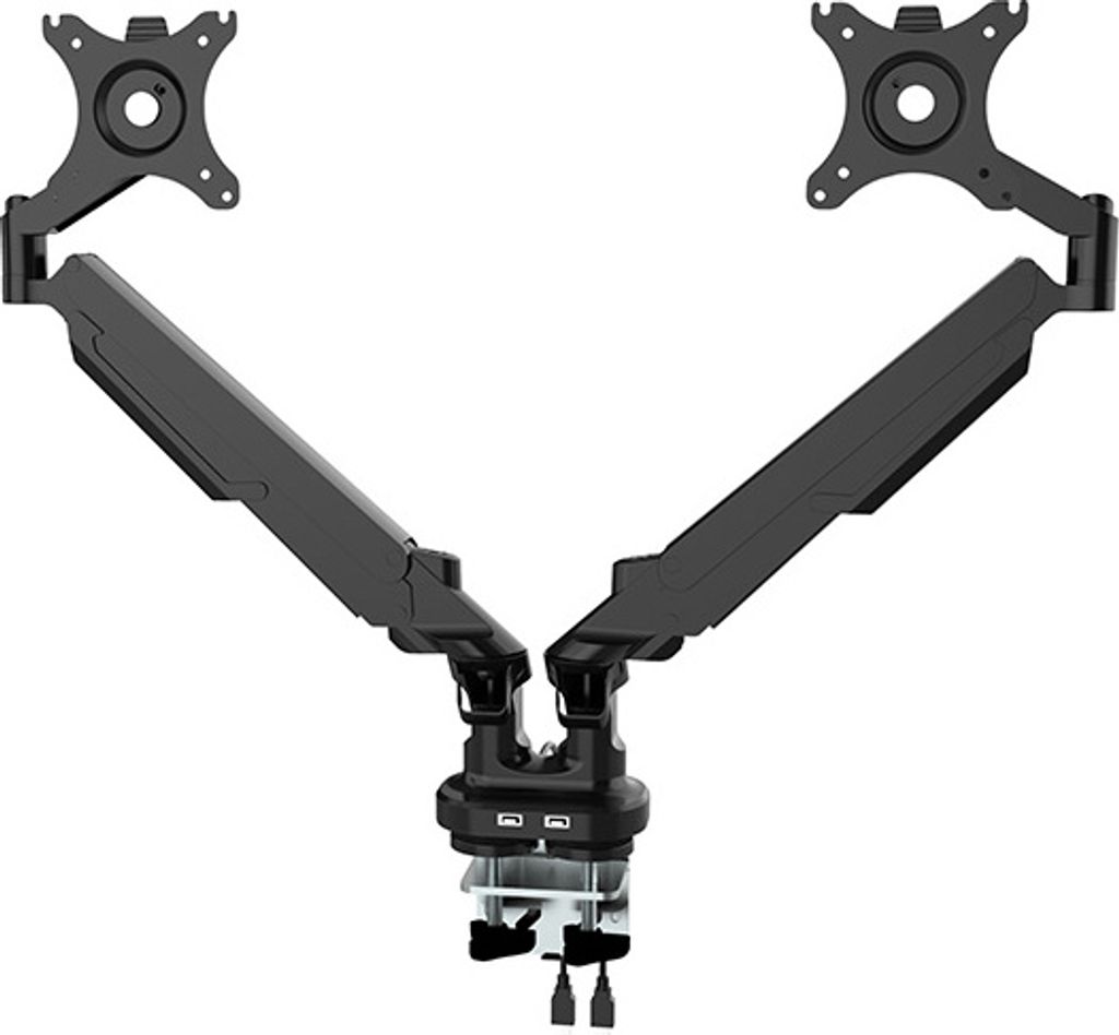 Verstellbare Halterung für 2 Monitore, 2-9 kg, Klemmhalterung, 17"-32", USB HUB, 75x75/100x100, schwarz