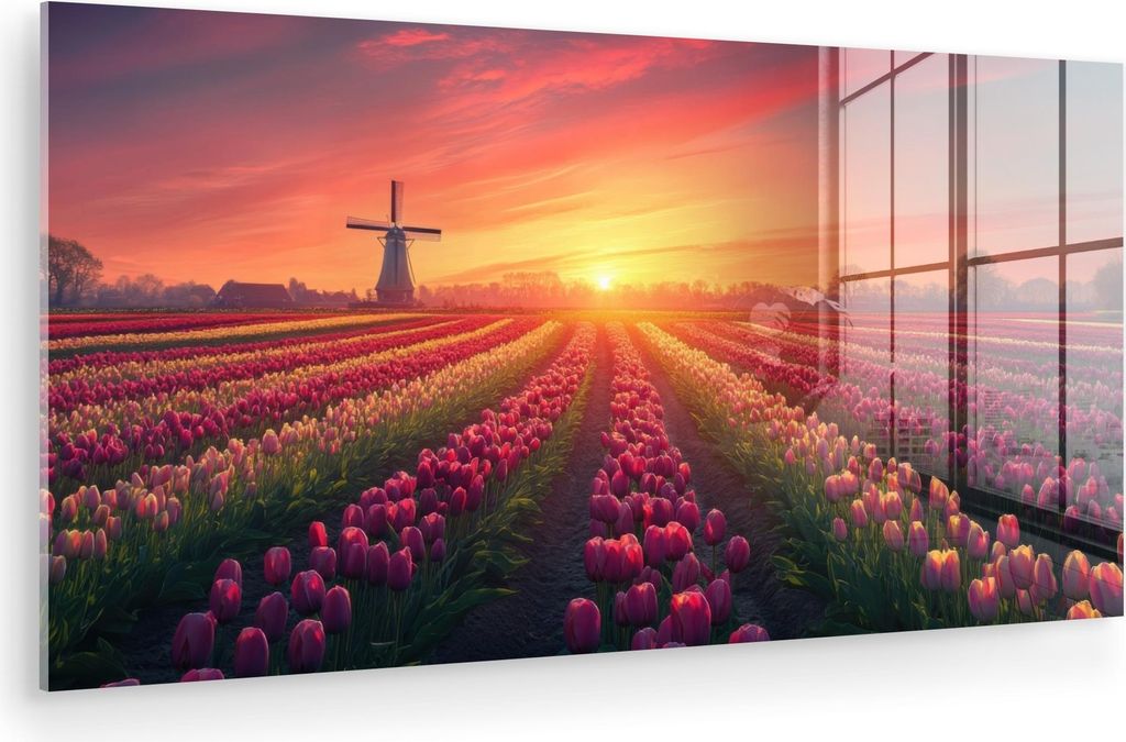 MuchoWow Glasbilder - Bilder auf Wandbild - Foto auf Glas Windmühle - Sonnenuntergang - Landschaft 120x60 cm Wanddekoration aus Glas - Acrylglasbi...