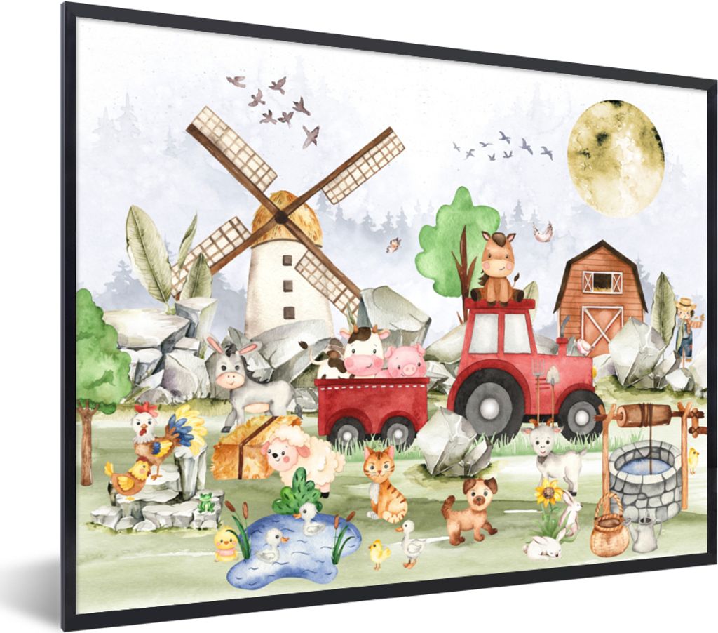 MuchoWow Gerahmtes Poster Bauernhof - Traktor - Kinder - Tiere 40x30 cm - Poster mit Schwarzem Bilderrahmen Wandposter Rahmen Foto Bilder - Kunst...