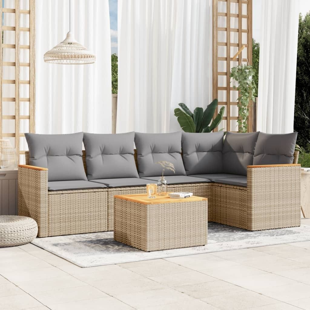 Design 6-tlg. Garten-Sofagarnitur mit Kissen Beige Poly Rattan, Gartenmöbel-Sets 2024 Neu