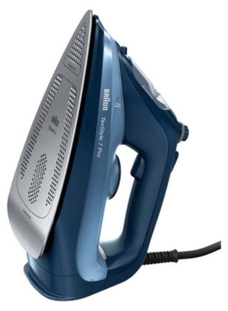 A blue and silver Braun steam iron is shown against a white background.