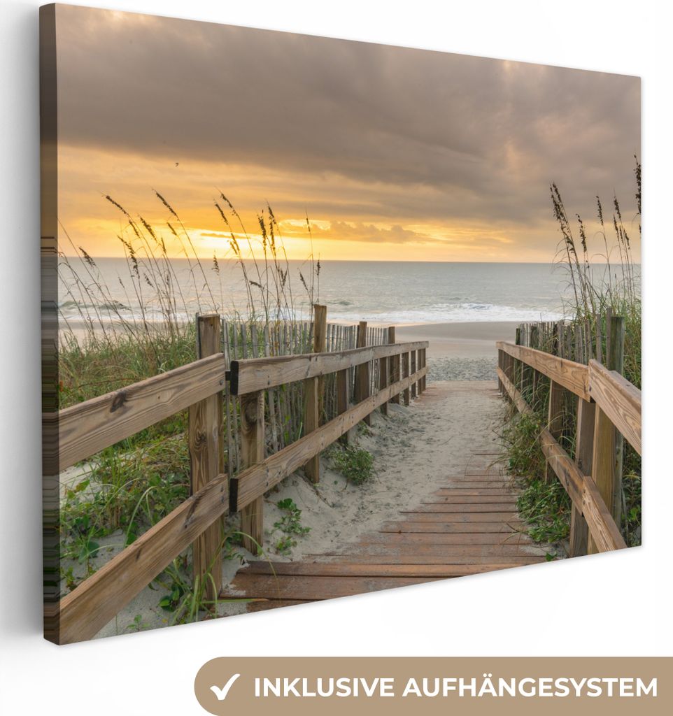 MuchoWow - Leinwandbilder - Strand - Meer - Düne - Weg, Wandbild, Wanddeko Bilder Wohnzimmer, 120x90 cm