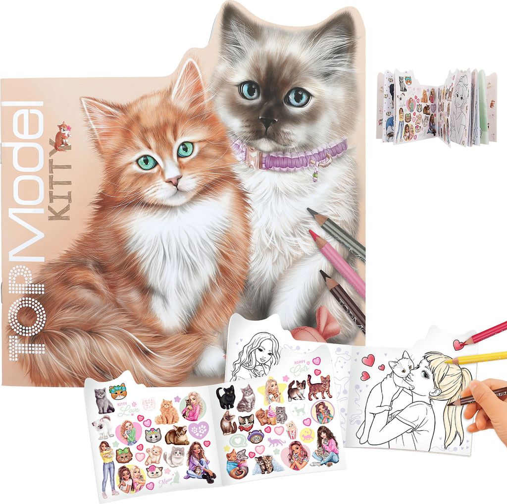 Malbuch TOPModel Kitty KITTY and DOGGY, 21 Seiten mit Katzen- und Modelmotiven,, 1 Doppelseite mit Stickern in der Heftmitte