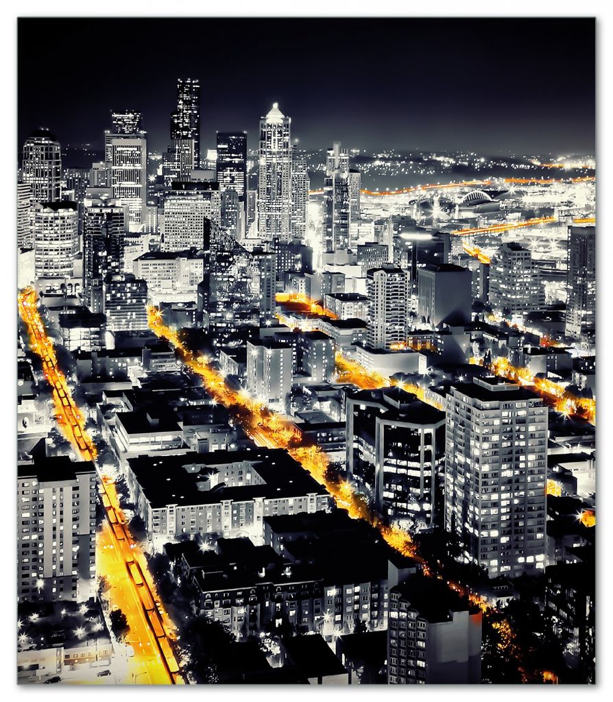 Wallario Herdabdeckplatte aus Glas, Größe 52 x 60 cm 1-teilig, Motiv Großstadt bei Nacht - Seattle in schwarz weiß gelb