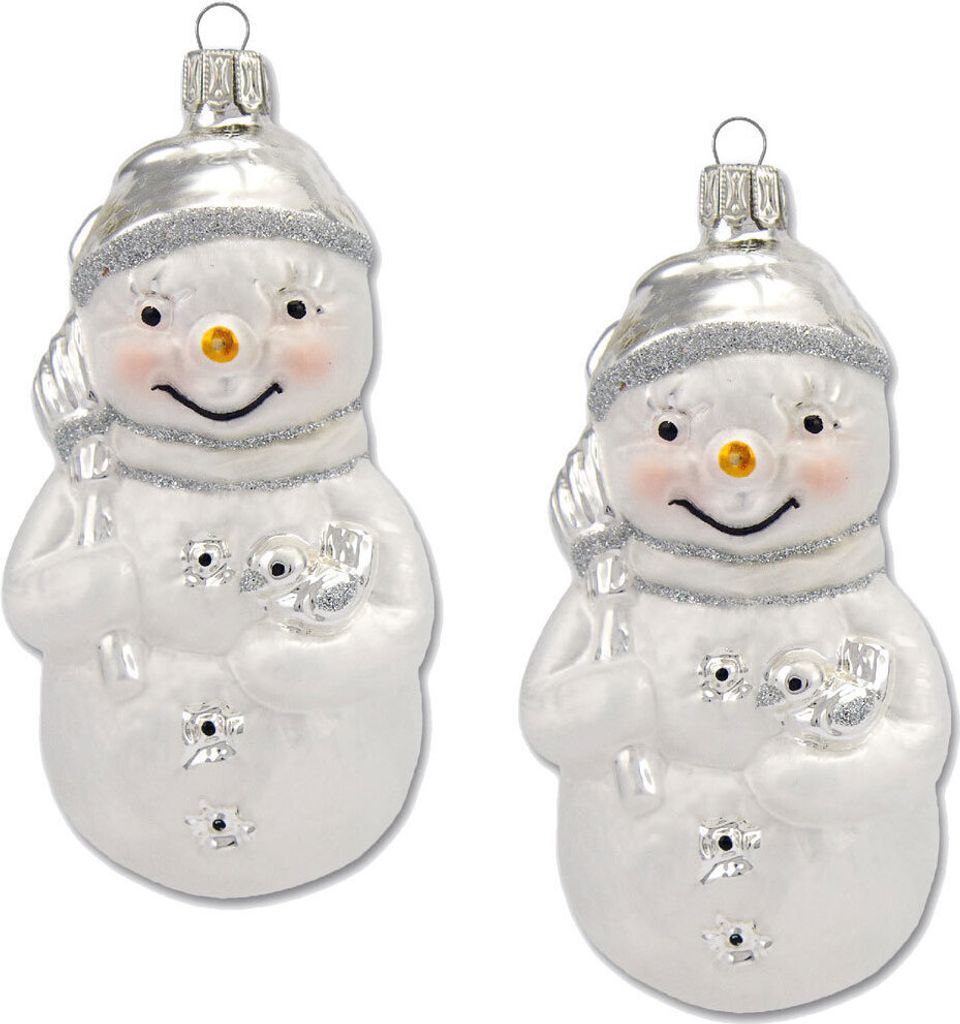 Thüringer Glasdesign Christbaumschmuck Schneemann Set (2 Stück) 11 cm aus Glas - Weiß/Silber
