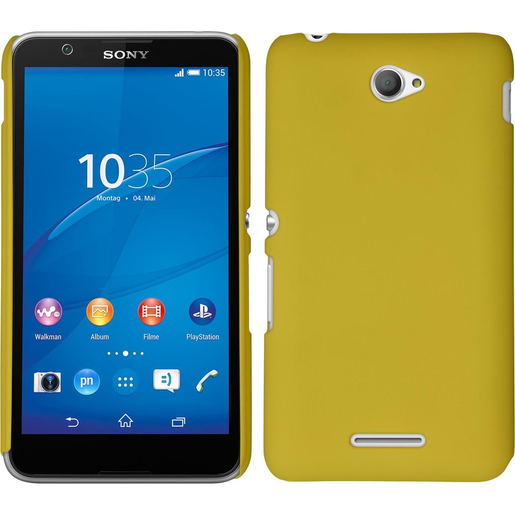 PhoneNatic Case kompatibel mit Sony Xperia E4 - Hülle gelb gummiert Hard-case + 2 Schutzfolien