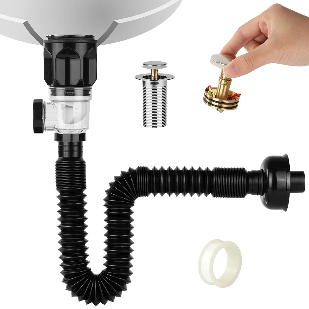 Siphon avec tuyau d'évacuation flexible extensible pour évier de cuisine