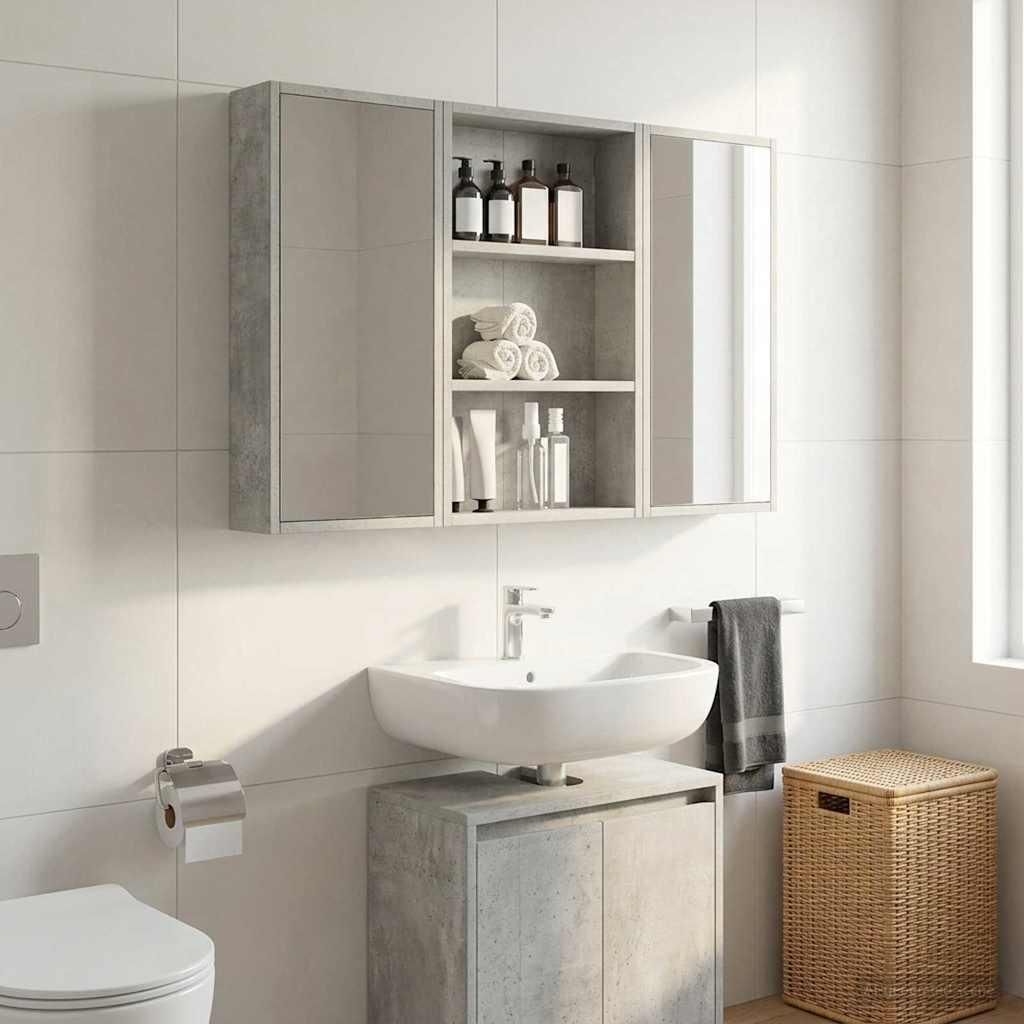Badezimmer-Wandschrank mit Regal Betongrau 40 x 10 x 60,5 cm - Badspiegel DE1944