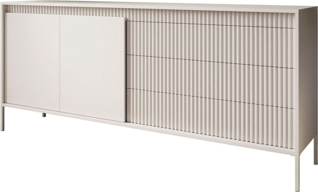 A beige dresser with two doors and three drawers.