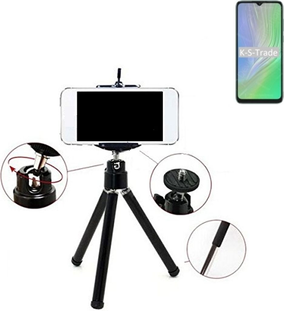K-S-Trade Smartphone Stativ Dreibein kompatibel mit Blackview A55 Tripod aus Aluminium Klemmstativ Stativ Adapter für Mobiltelefone schwarz 1x