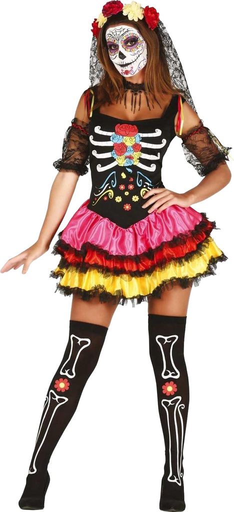 Fiestas Guirca - "Catrina" Kostüm für Damen Set FG758 (L) (Schwarz/Bunt)
