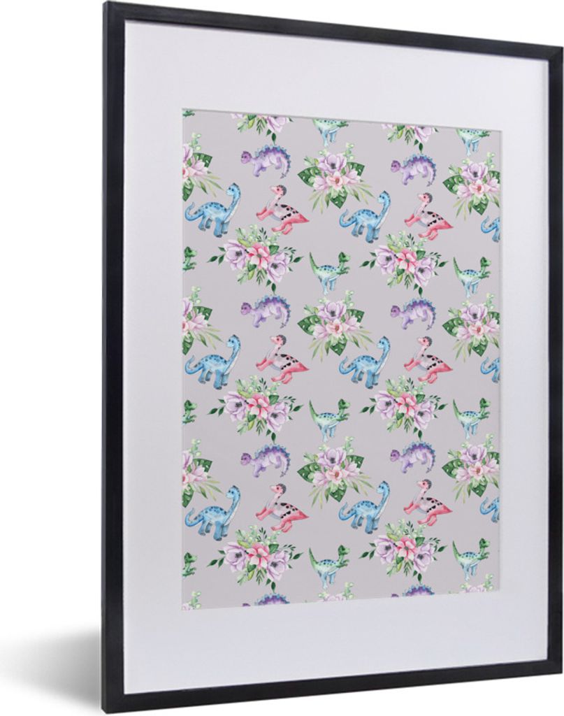 MuchoWow Gerahmtes Poster Kinderzimmer - Blumen - Muster - Mädchen - Kinder - Rosa - Kind 30x40 cm - Poster mit Schwarzem Bilderrahmen Wandposte...