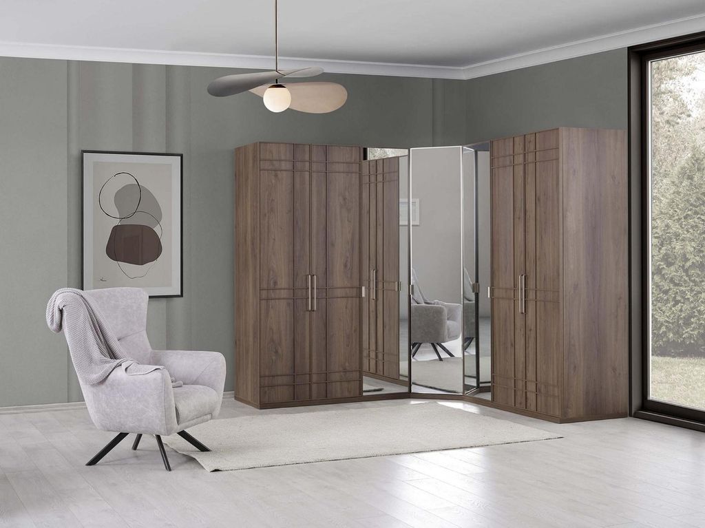 Eckschrank Kleiderschrank Schrank Braun Holz Spiegel 7 Türen Groß