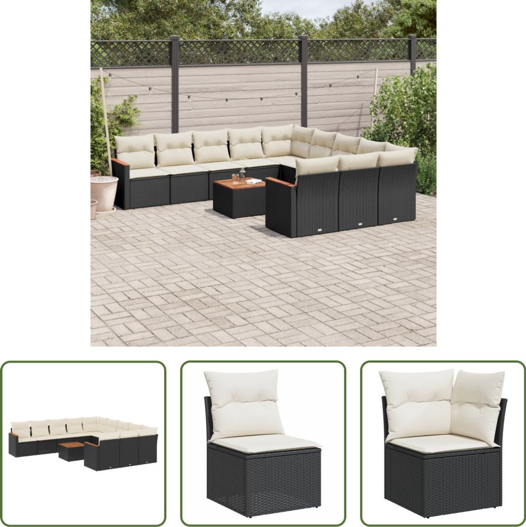 The Living Store 12-tlg. Garten-Sofagarnitur mit Kissen Schwarz Poly Rattan