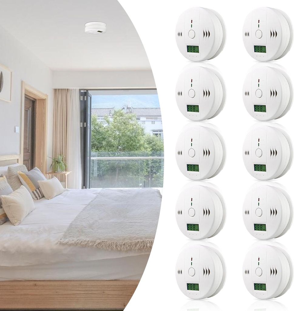 Bettizia CO Melder weiß 10er Pack Feuermelder Kohlenmonoxid Warnung 85 dB 10 Stück