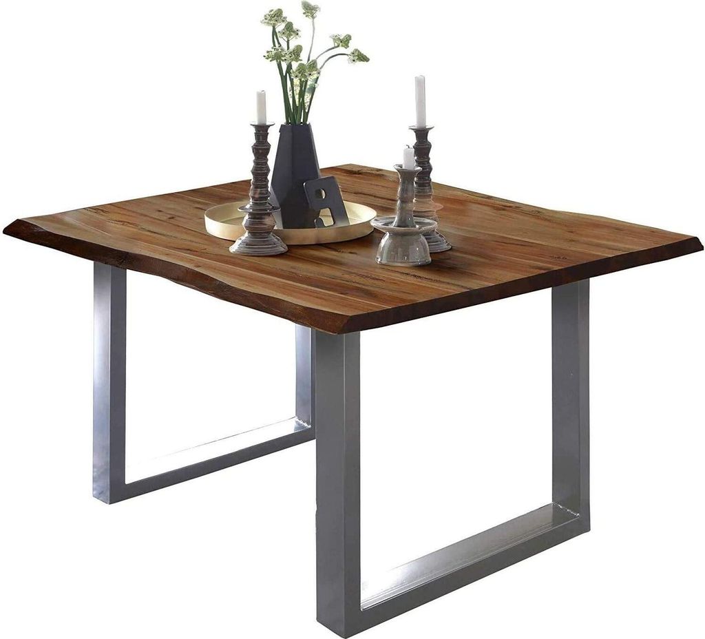 Esszimmertisch 90x90 cm ULM, Baumkantentisch nussbaumfarben, Akazienholz massiv, U-Gestell aus Metall Silber