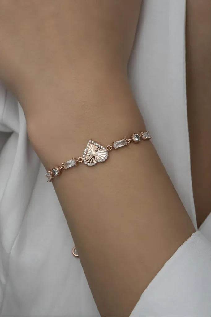 Bracelet femme en argent sterling 925 avec cœur et zircone baguette