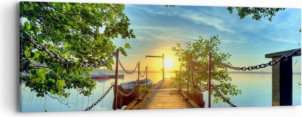 Bild auf Leinwand - Leinwandbild - See Sonnenuntergang Boot Landschaft - 90x30cm - Wand Bild - Wanddeko - Leinwanddruck - Bilder - Kunstdruck - Lei...
