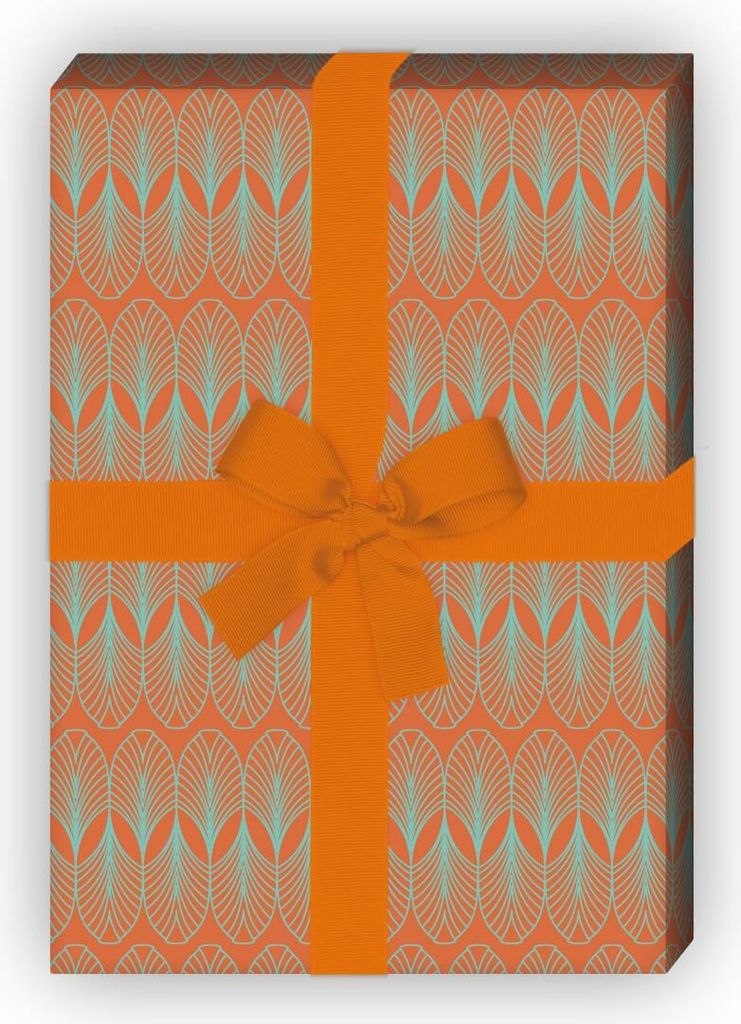 Jugendstil Geschenkpapier Set mit zartem Feder Motiv, orange - G8564, 32 x 48cm