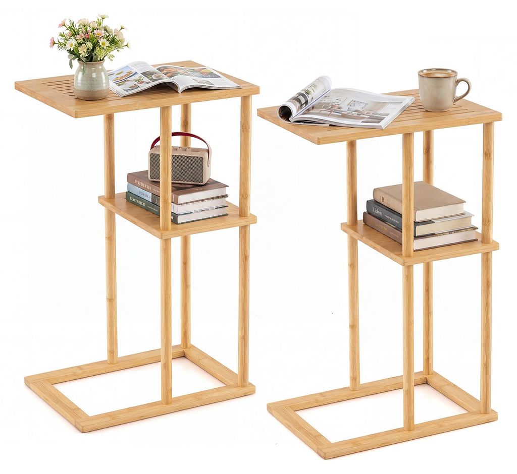 COSTWAY Beistelltisch 2er Set, kompakter rechteckiger Tisch mit Ablageflächen aus Bambus, Tee- und Sofatisch, Akzenttisch, Nachttisch, Eck-Couchtisch