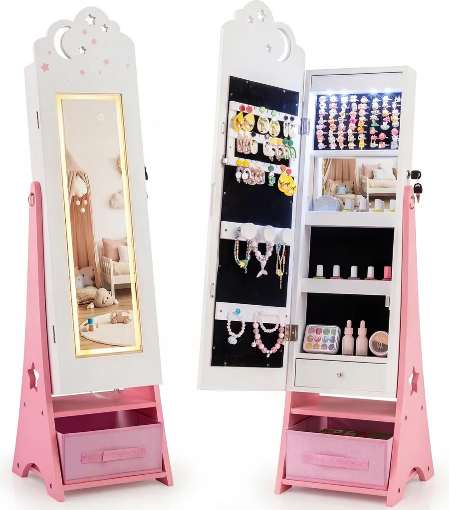 COSTWAY Armadietto Portagioie Bambini 2 in 1 Rosa con Specchio LED