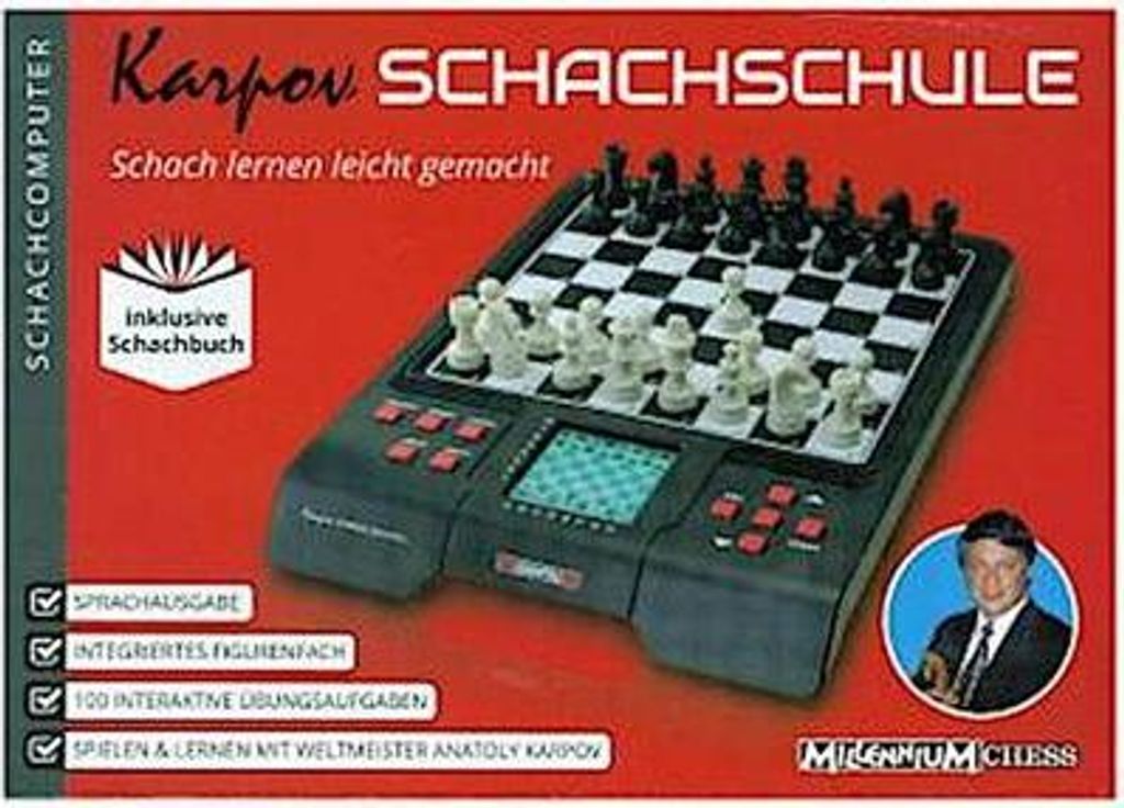 The image shows the packaging of a chess computer game, featuring the product itself, text descriptions, and a picture of Anatoly Karpov.