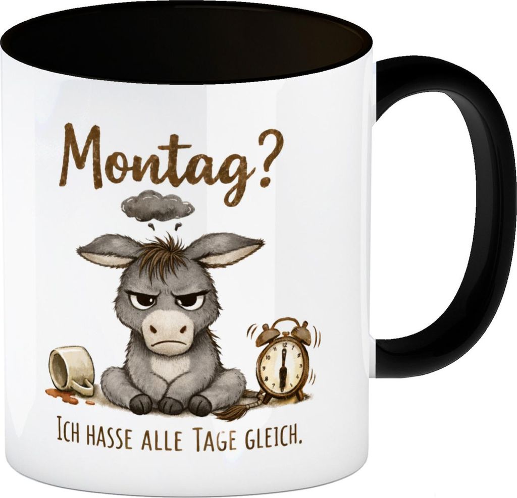 Eddi Esel Ich hasse alle Tage Kaffeebecher in schwarz mit Spruch Montag