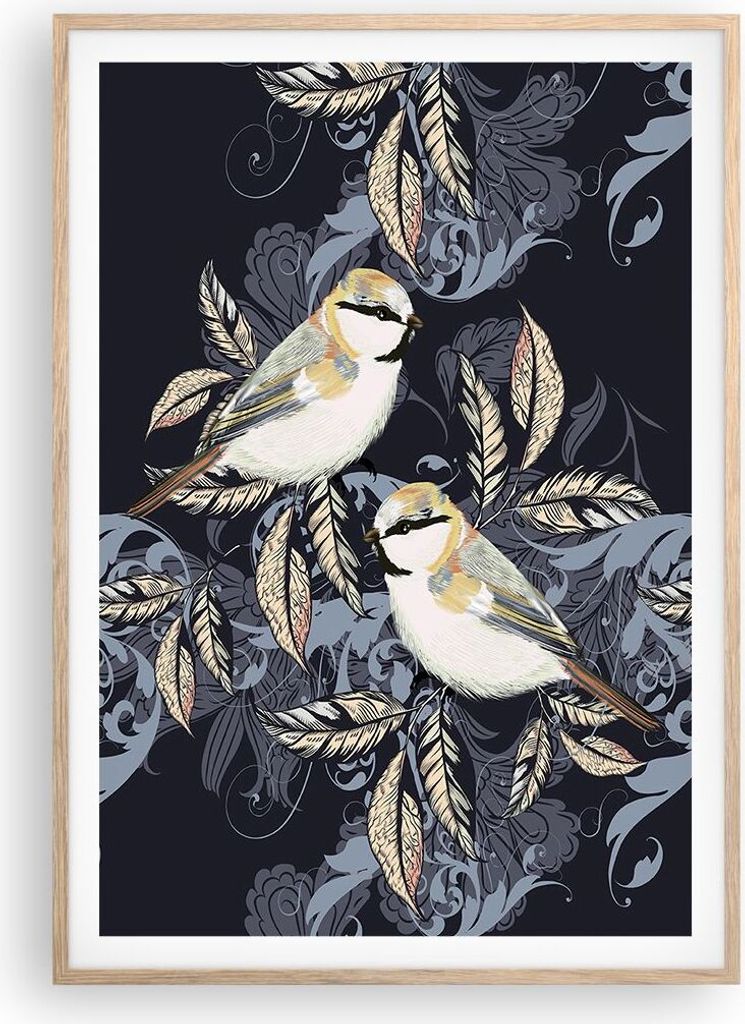 Gerahmtes Poster - Rahmen in heller Eiche - Vögel Blätter Ornament - 70x100 cm - Wand Bild - Wanddeko - Wandbilder - Kunstposter - Wandposter - B...