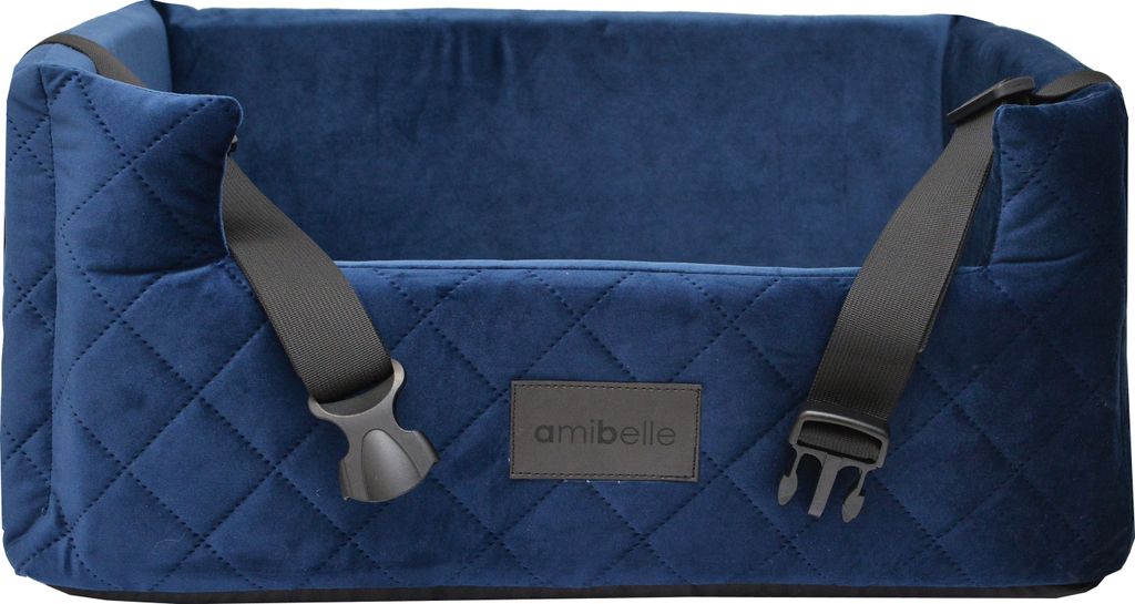 A blue velvet dog car seat is shown from the front.