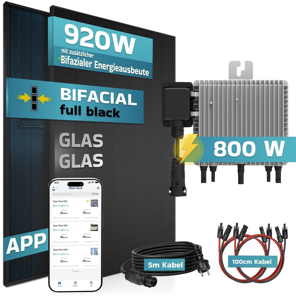 SUNNIVA 920W Balkonkraftwerk BIFAZIAL FULLBLACK komplett Steckdose DEYE800W Wechselrichter, PV Solaranlage, 5m Kabel, Bluetooth WIFI