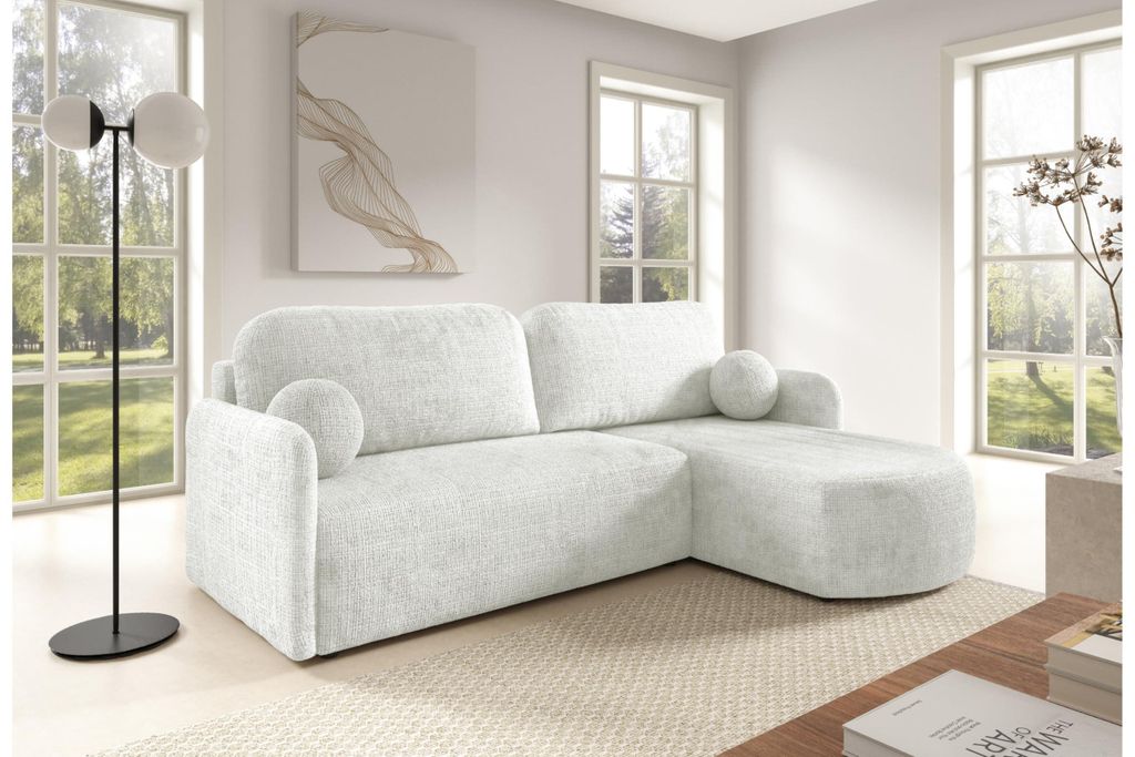 AlpiMeble L-förmiges Sofa Monoo, Modern Couch mit Stauraum, Ecksofa mit schlaffunktion, Eleganter Abriamo-Stoff, Weiß